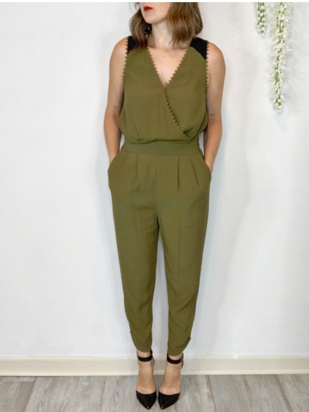 LEIFSDOTTIR Anthropologie Jumpsuit Lace Pockets Green 8P